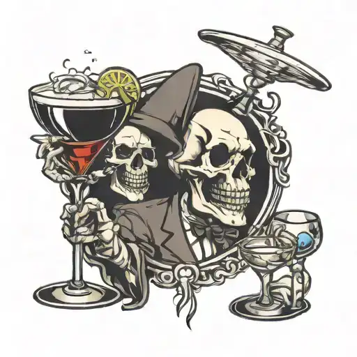 Skull Bartender Mixing Cocktails Martini Glass Knife