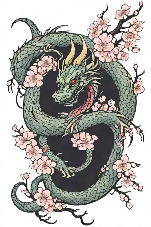 Dragon Wrapped Around Cherry Blossoms