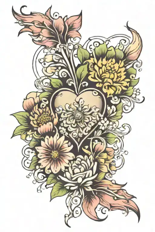 Chrysanthemum And Sweet Pea Flowers With A Twin Flame Heart