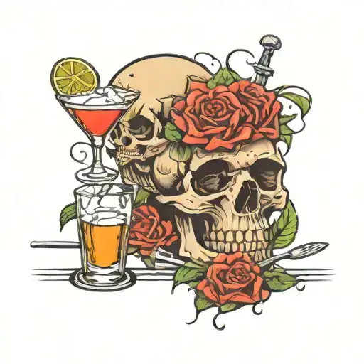 Skull Rose Bartender Mixing Cocktails Martini Glass Knife