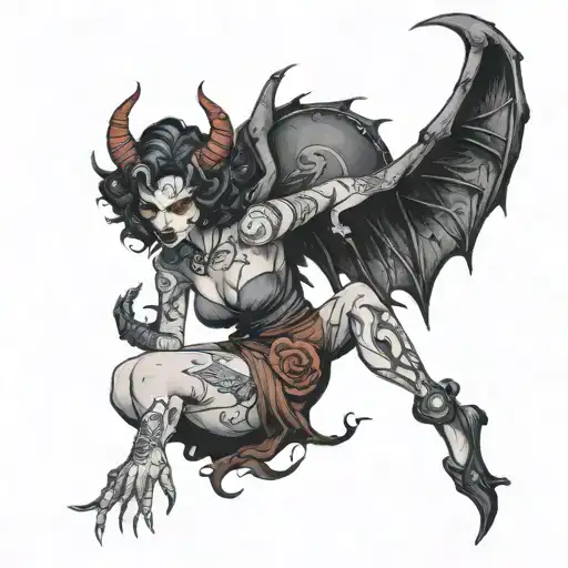 Demon Crouvhing Full Body Pinup Girl Dressed