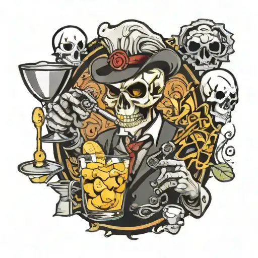 Skull Bartender Mixing Cocktails Martini Glass Knife