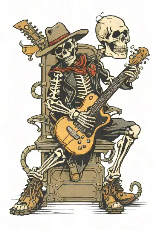 Cowboy Skeleton Sitting On Amplifier Playing Guitar
