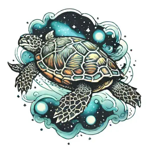 A Neotraditional Design Of A Sea Turtle Floating In A Cosmic Sea