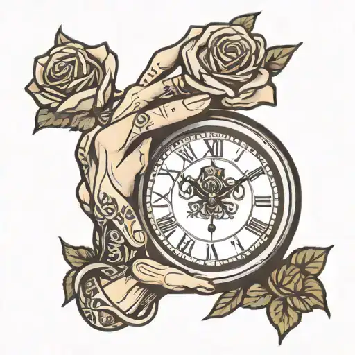 Praying Hands Holding Clock Rose Intertwined