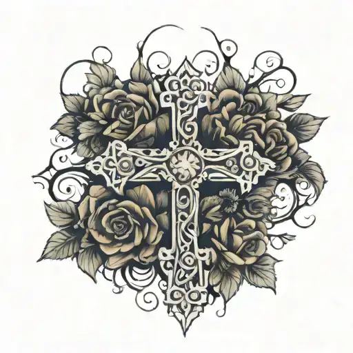 Cross With A Vine Covered In Roses Wrapped Around