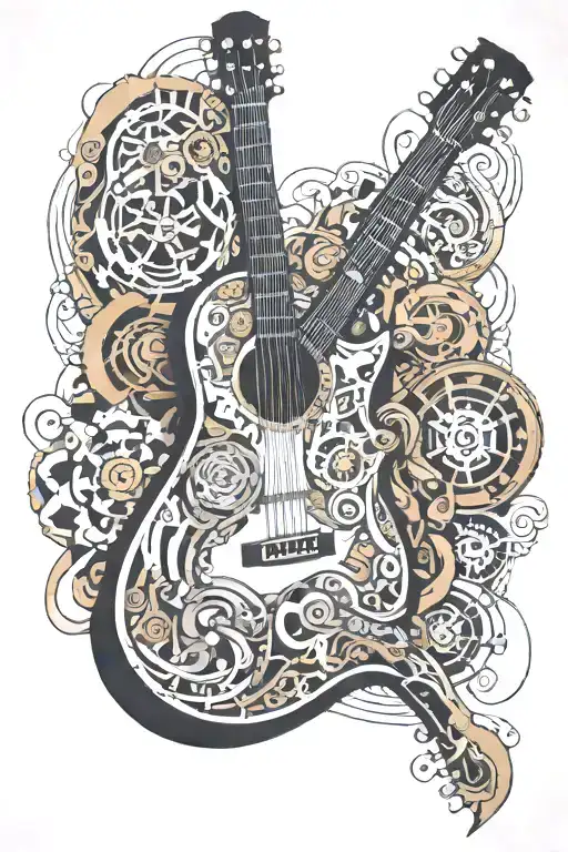 A Guitar With Intricate Mechanical Parts Intertwined With Philosophical Symbols