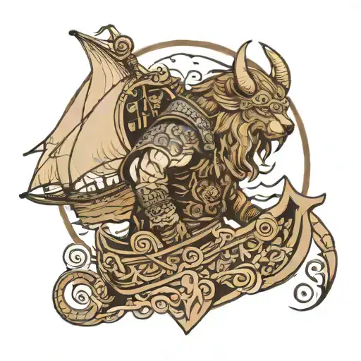 Viking With Bear Head And Ship Below