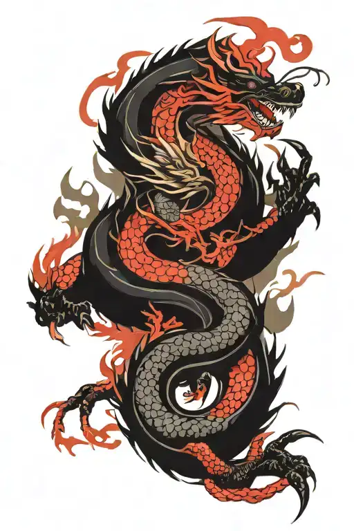 A Chinese Traditional Red Dragon With A Western Medieval Style Black Dragon