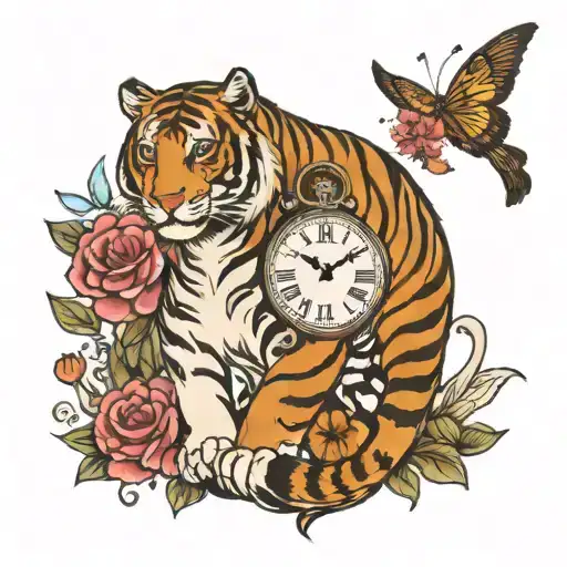 Tiger With Flowers And Clock And Dove