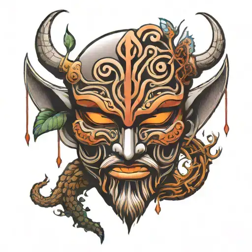 Tattoo With The Tree Of Life Japanese Mask And Viking Signs