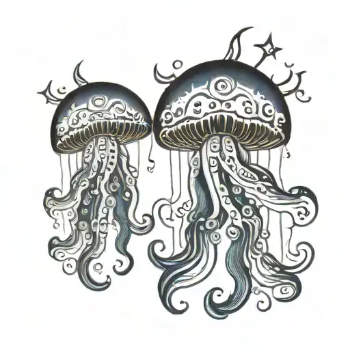 Two Jellyfish Moon And Sun Shining