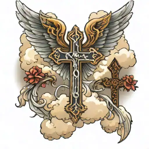 Christian Cross Angels Wings Clouds