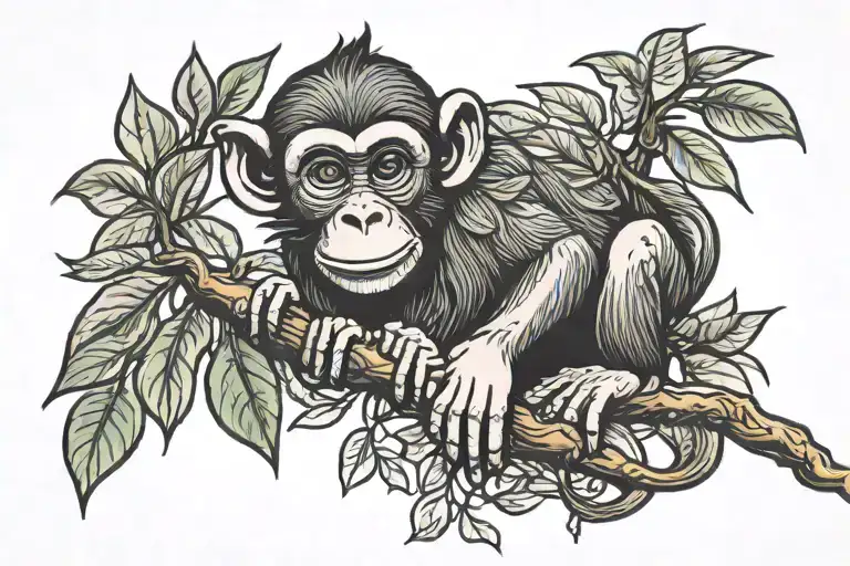 Happy Monkey On Branch And Leaves Growing