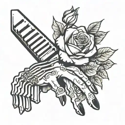 Bone Hand Tatoo With A Rose And Piano Keys