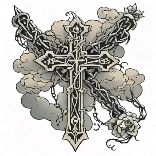 Cross With Cloudy Background And A Barbed Wire Wrapped