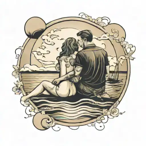 Couple Sitting In Beach On Full Moon