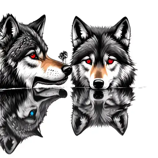 Realistic Wolf With Red Eyes Seeing A Cub With Blue Eyes In The Reflection