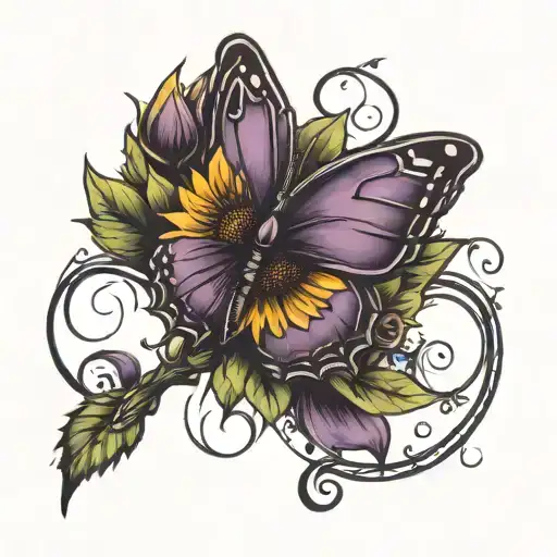Combine A Purple Butterfly And A Sunflower With Musical Symbols