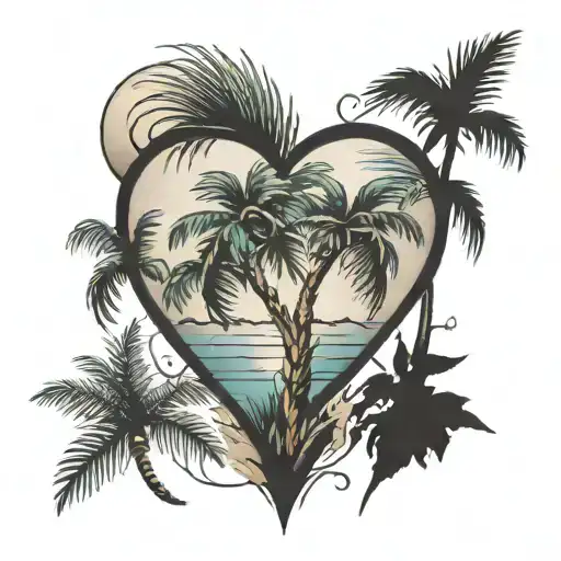 Heart In The Middle Of A Palm Tree And Pine Tree Growing