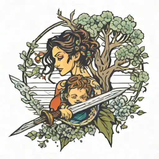 A Mother And Son Matching Tattoos With A Tree And Sword
