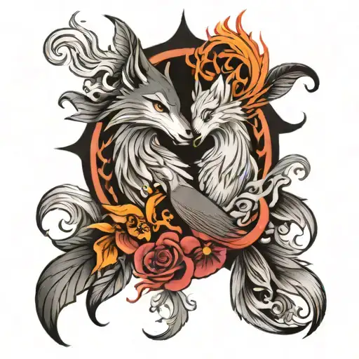 A Wolf And Phoenix Together Black And White Small