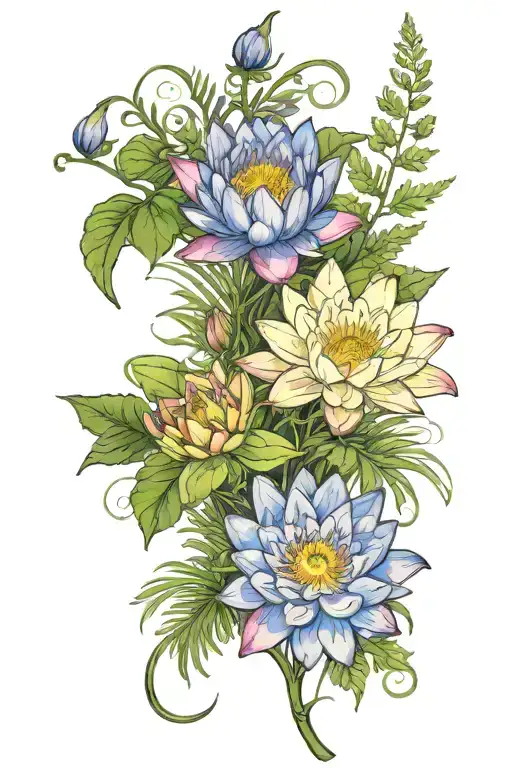 Water Lily And Larkspurs In A Fern Formation