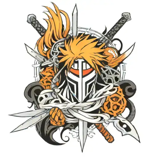 Bleach The Anime Tattoo Design With Ichigos Sword And Ichigos Mask Dangling Off The Masks Hilt