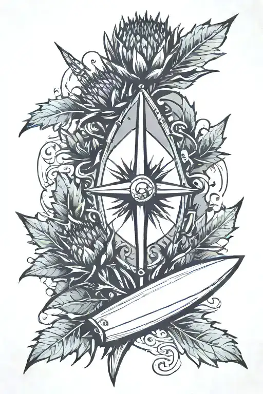 A Thistle With A Surf Board And A Compass With Clouds In The Background