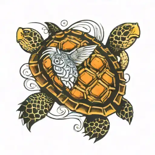 Turtle With Fish Swimming