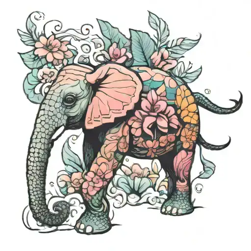Sea Turtle Inside Elephant With Flamingo Standing