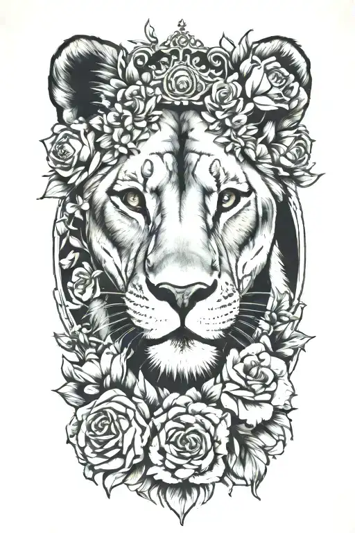 Lioness Wearing Tiara Surrounded By Blooming Flowers
