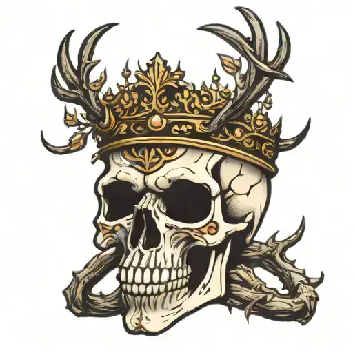 Human King Skull With Deer Antlers 8 Points Curved Cover In Thorns