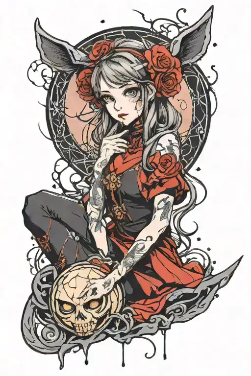 Anime Girl With Blood Moon On Top