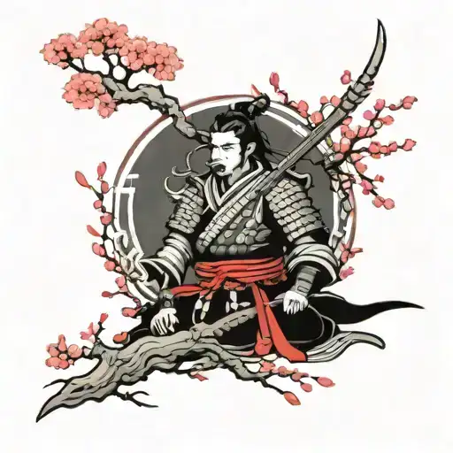 Samurai Near A Cherry Tree With Falling Petals And A Cobra Around The Tree