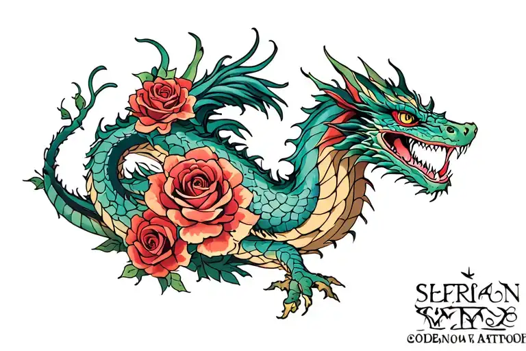 American Traditional Dragon Weaving In And Out Of Roses On Shoulder