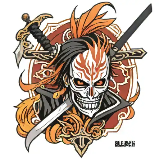 Bleach The Anime Tattoo Design With Ichigos Sword And Ichigos Mask Dangling Off The Masks Hilt