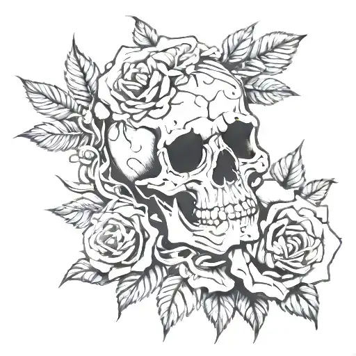 Black And White Tattoo Skull Rose Growing