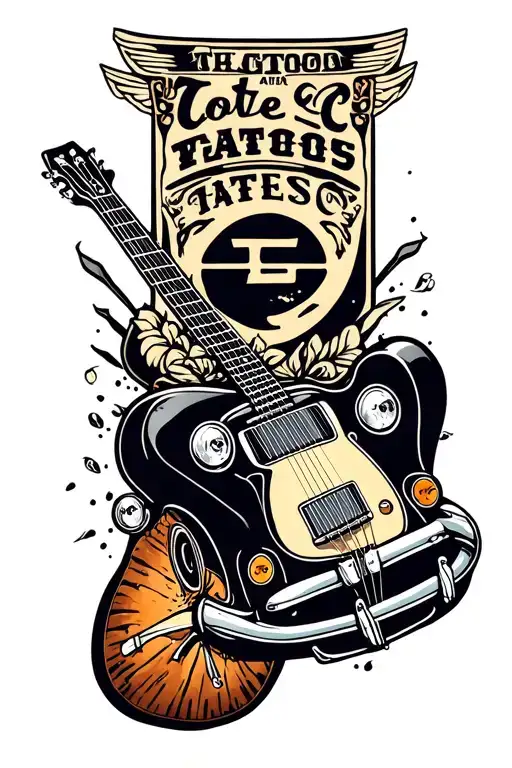 A Tattoo Design Combining A Vintage Car And A Guitar To Represent Your Love For Cars And Music