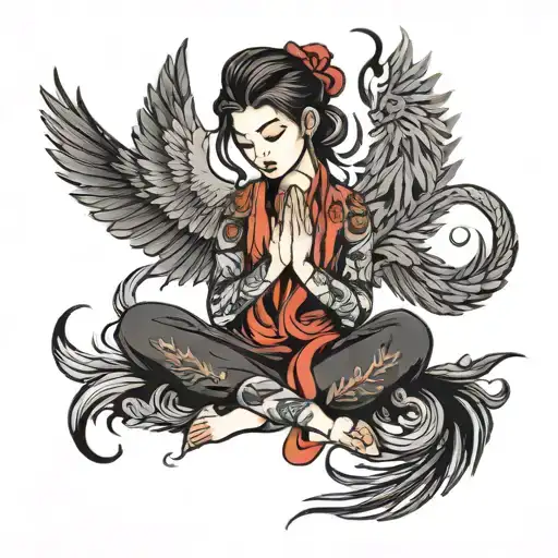 Girl On Knees Praying With Phoenix Rising From Her
