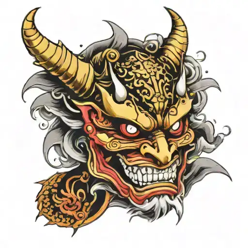 A Broke Hannya Mask With A Dragon And Samurai Warrior