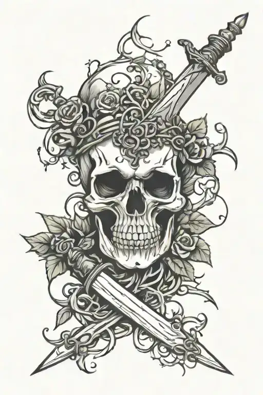 Skull With Sword Piercing Through It And Vines Growing Around It