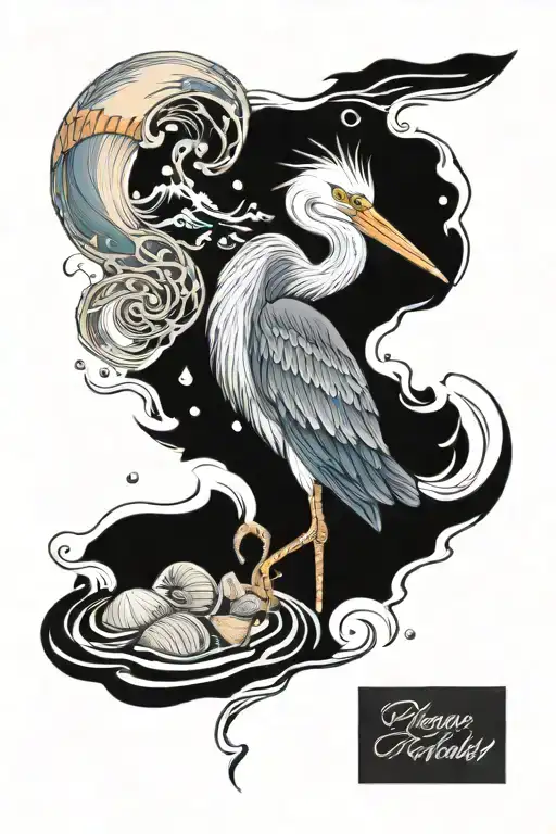 Heron On A Beach With Sea Shells And Water Waves