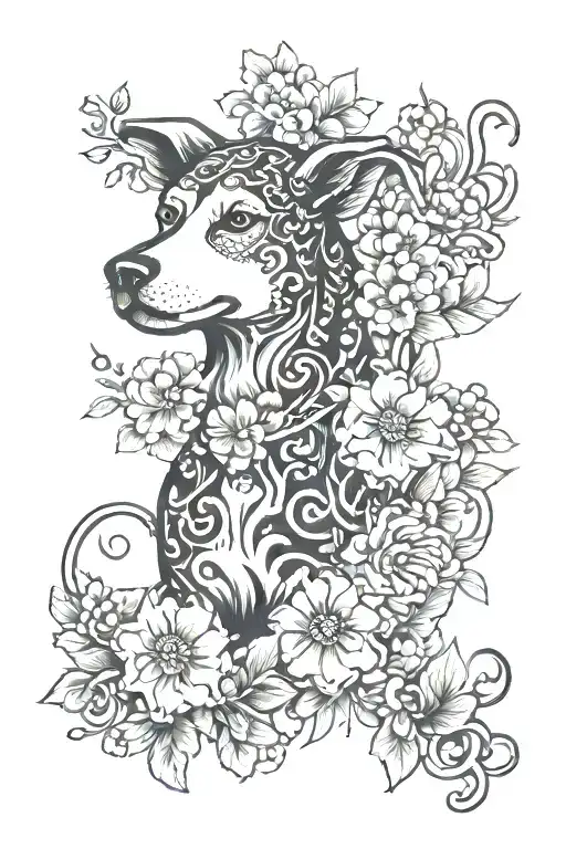 Japanese Style Zodiac Sign Dog And Flowers Growing
