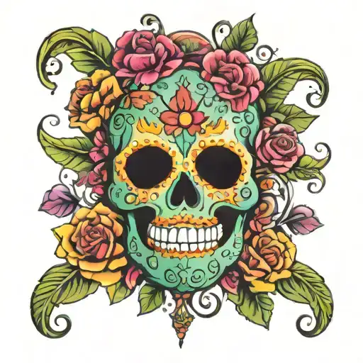 A Vibrant Mexican Sugar Skull Incorporating Elements Of Finance And Pursuing Dreams