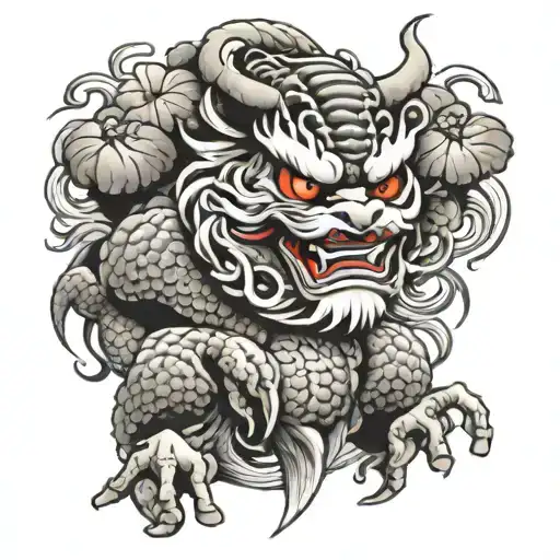 Japanese Shishi With Japanese Wisterian Black And White Tattoo Design