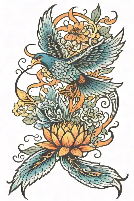 Phoenix Flying Wings With Lotus Flower With Orange Blossoms