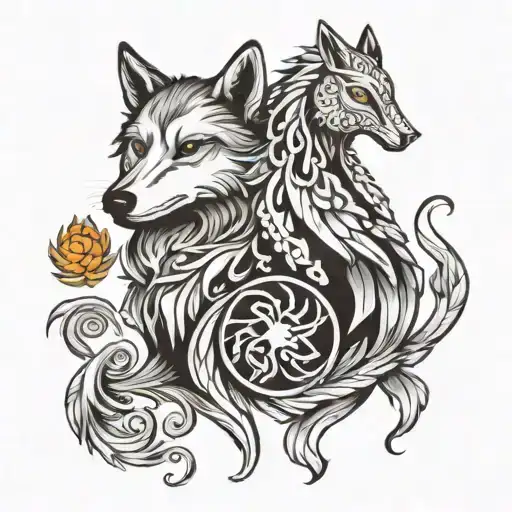 A Wolf And Phoenix Together Black And White Tribe Small