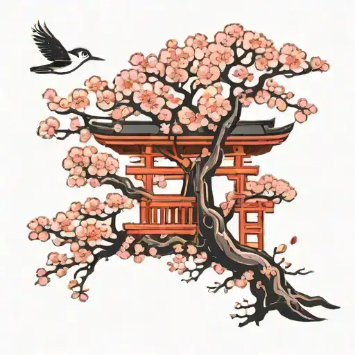Cherry Blossom Tree With Torii Gate And Birds Flying Around