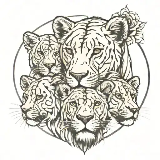 Create The Image Of A Tattoo Representing The Lioness With The 3 Children Here A Female And 2 Males